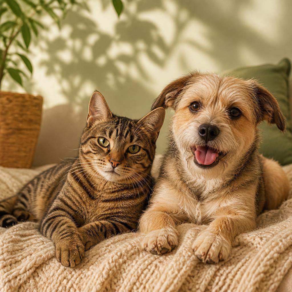 Gato e cachorro deitados juntos em um cobertor claro